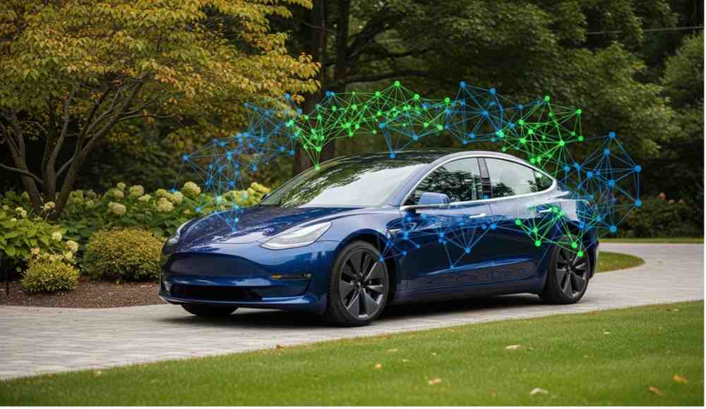 A modern car parked safely in a driveway, with a transparent overlay of interconnected lines and dots, symbolizing data flow and smart financial decisions for car insurance.